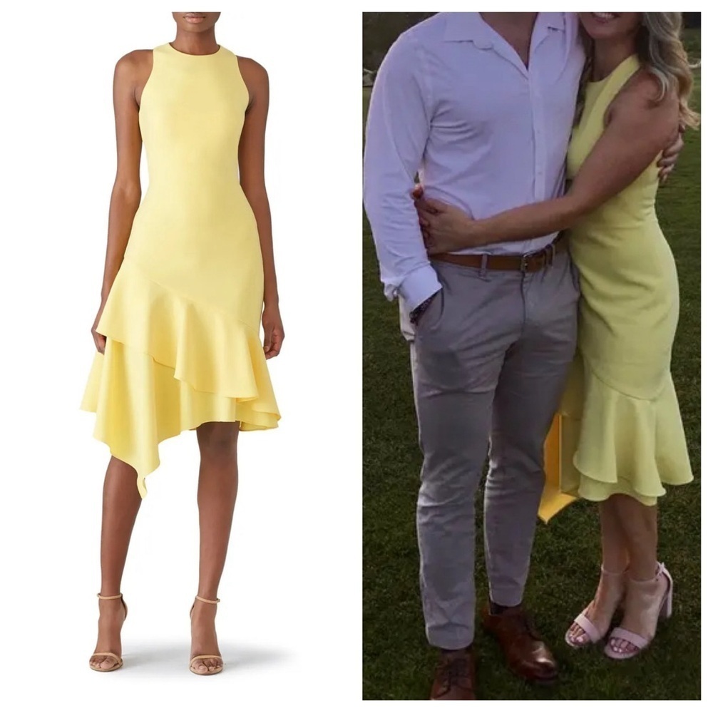 THEIA lemon ruffle yellow asymmetric midi dress 22768